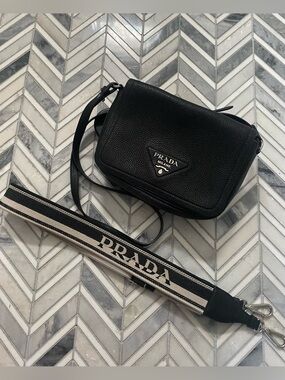 Prada Black Pebbled Leather Crossbody with Signature Strap